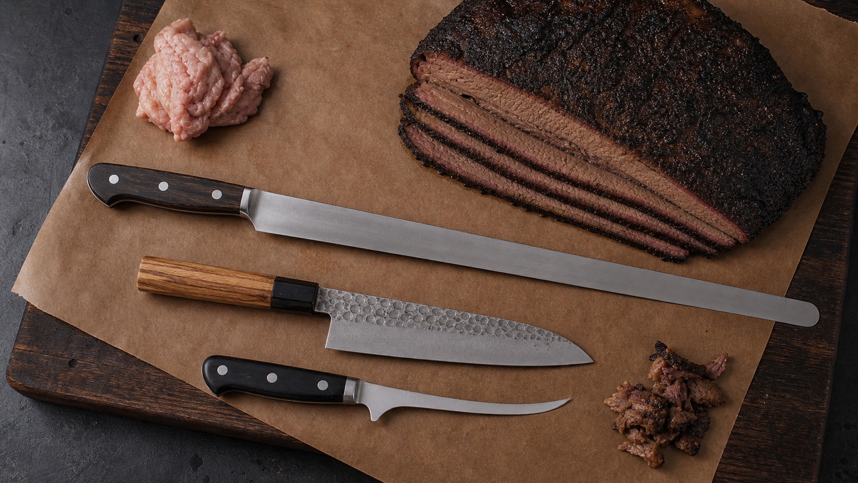 Long brisket slicer Japanese gyuto and boning knife compared beside brisket and trimmed fat