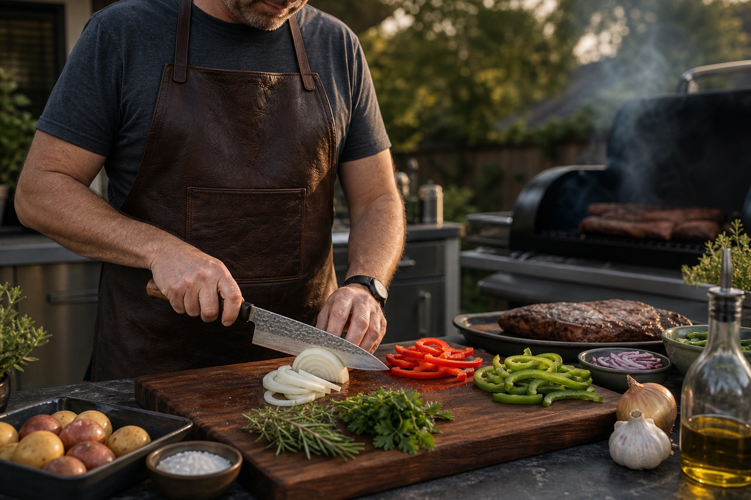 Backyard BBQ cook using a Japanese gyuto to prepare onions peppers herbs and meat beside a grill