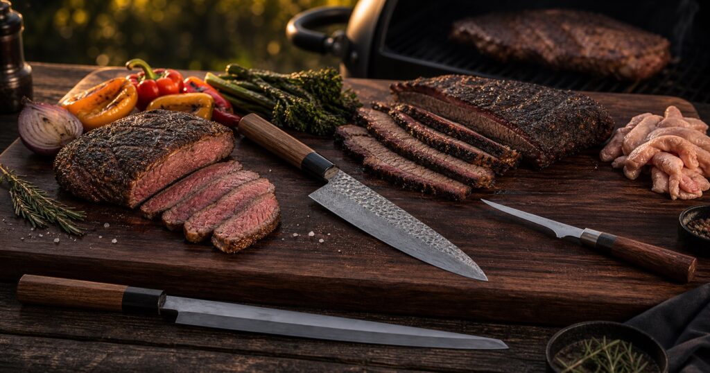 Japanese gyuto, sujihiki, and boning knife arranged with steak and brisket for BBQ meat preparation