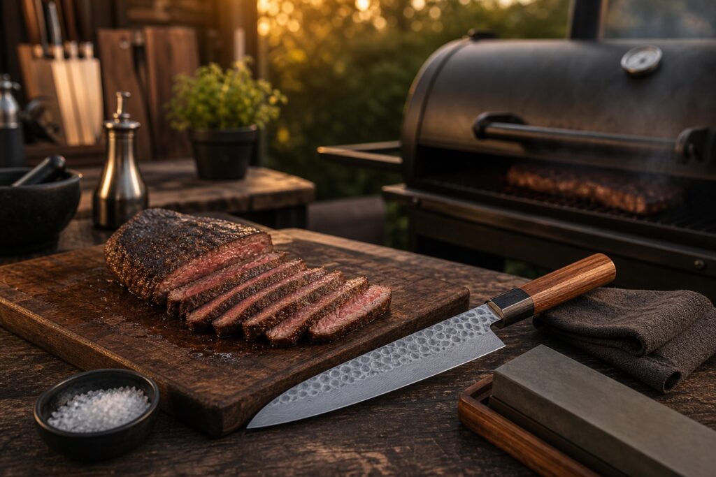 Premium Japanese gyuto with steak slices whetstone towel and backyard BBQ grill