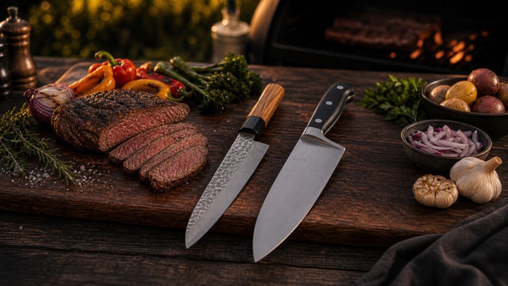 Japanese gyuto and Western chef knife compared on a BBQ prep board with sliced steak and vegetables