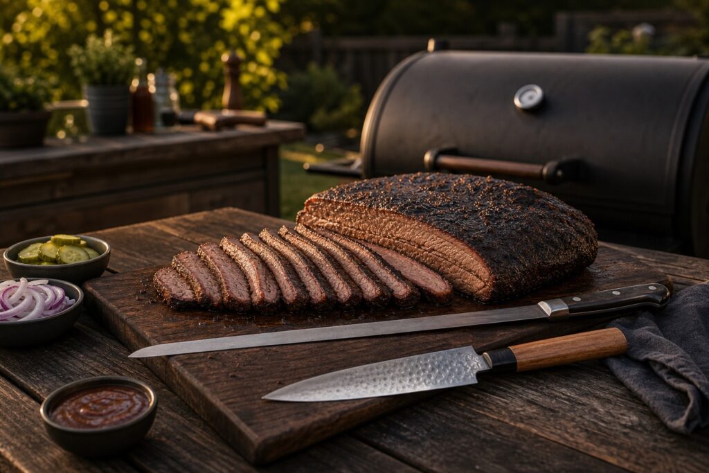 Clean sliced brisket on a backyard BBQ board with a long brisket slicer and Japanese gyuto nearby