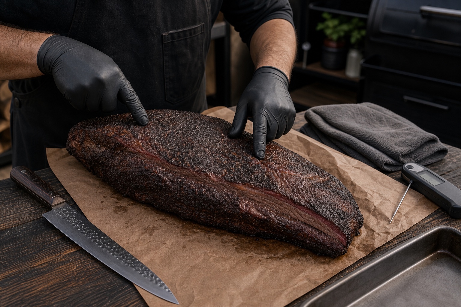 BBQ cook checking the grain direction of a rested brisket before slicing