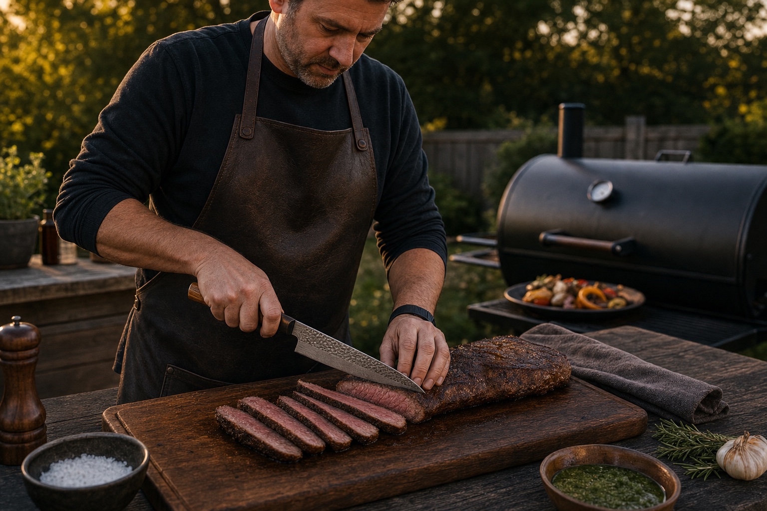 BBQ hobbyist slicing steak with a Japanese gyuto beside a backyard grill