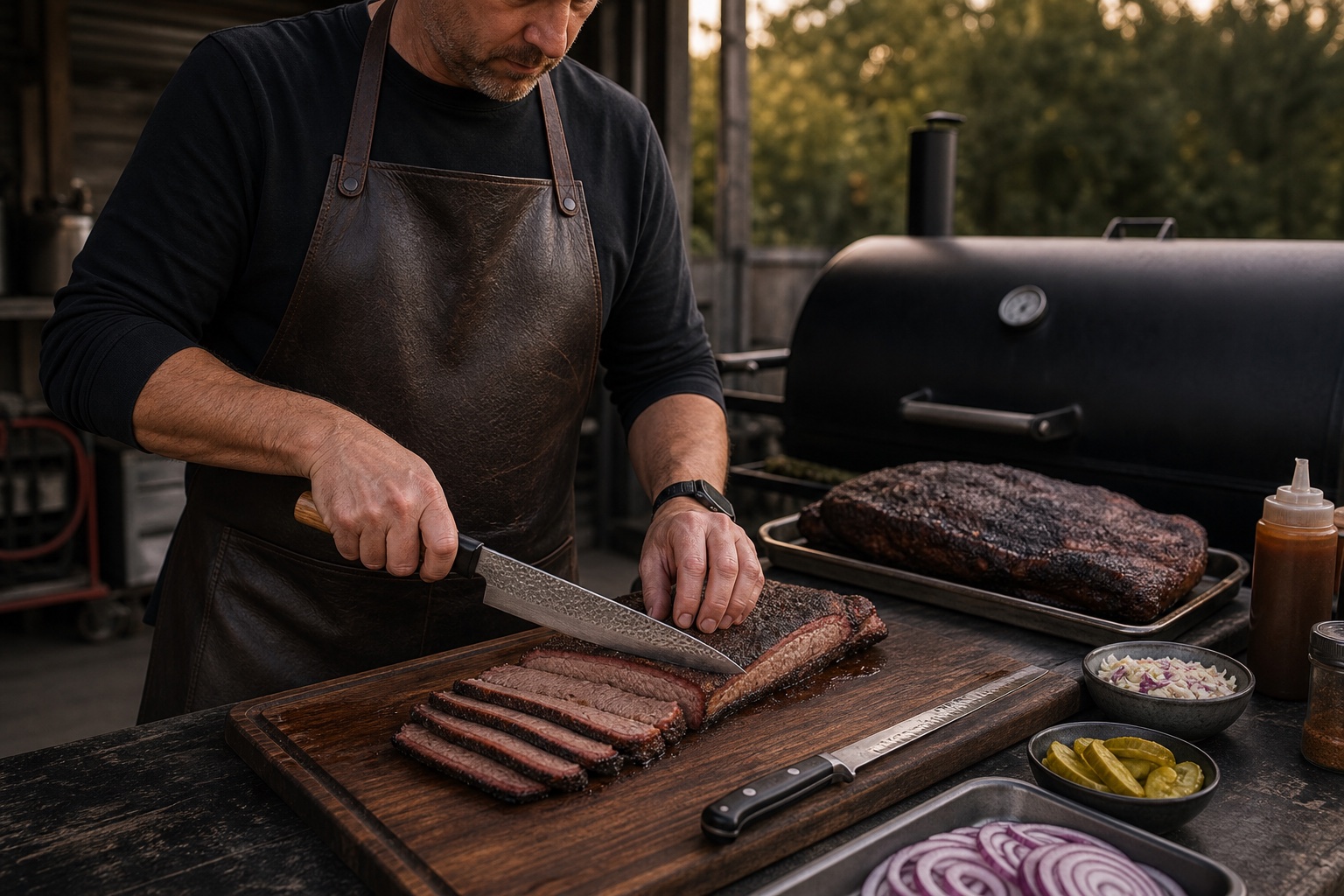 BBQ hobbyist using a Japanese gyuto for a smaller brisket portion with a longer slicer nearby