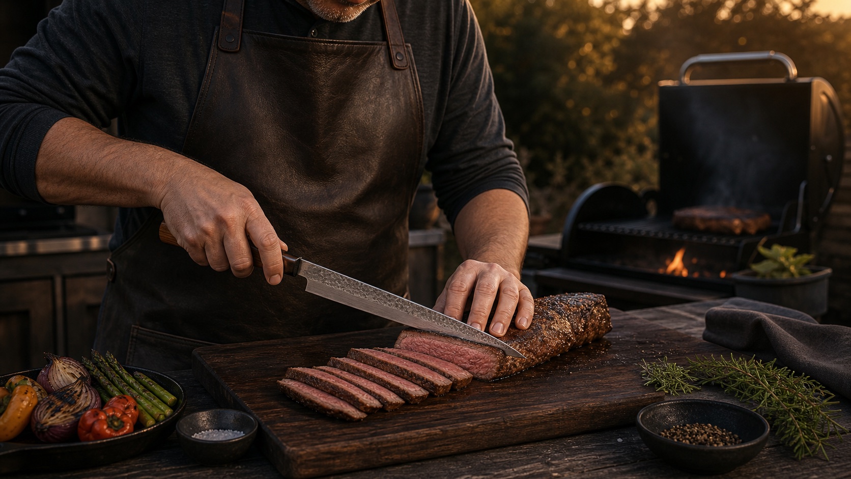 BBQ cook slicing rested steak with a Japanese gyuto on a wooden cutting board