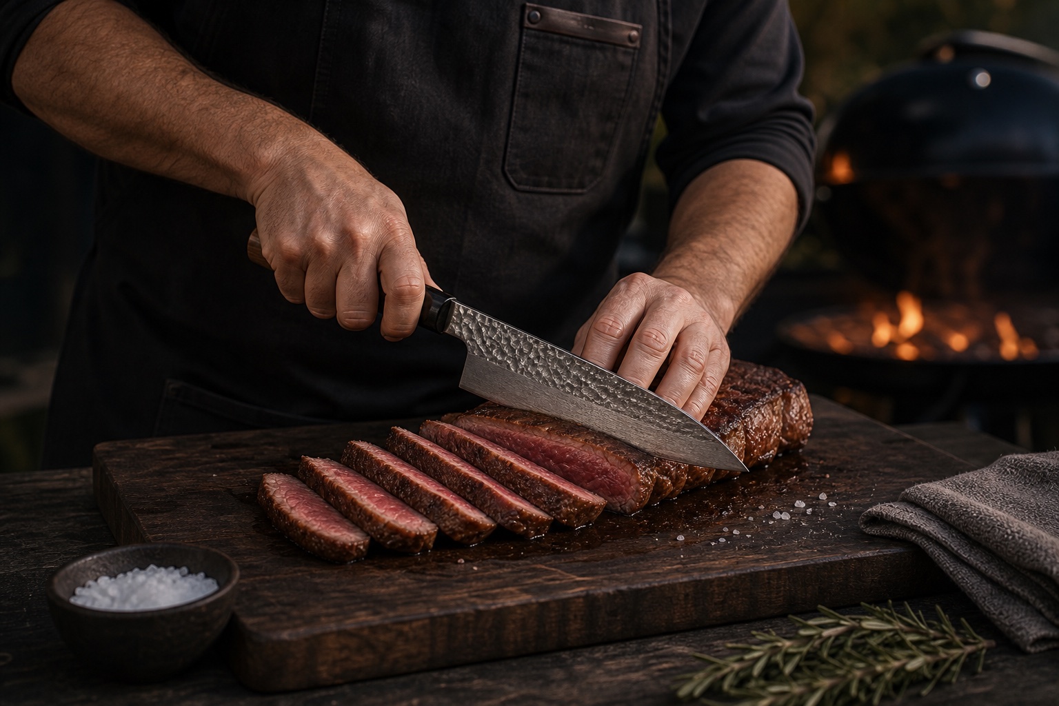 Japanese gyuto slicing rested steak on a wooden BBQ cutting board