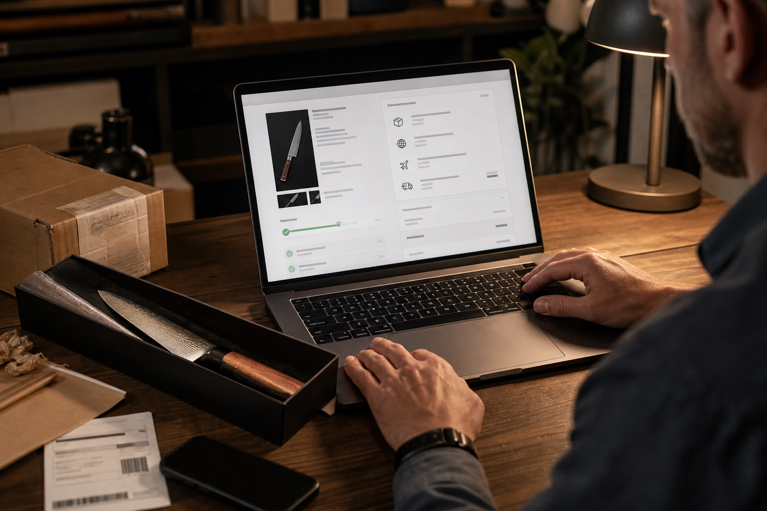 Buyer checking stock, destination, and shipping details for a Japanese gyuto knife on a laptop