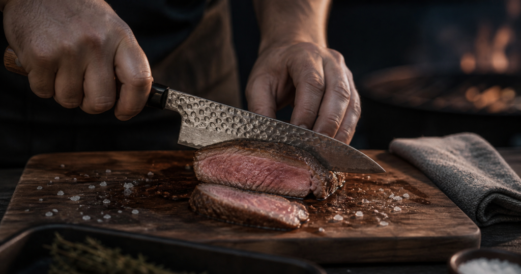 Japanese gyuto knife slicing a rested steak on a dark BBQ cutting board