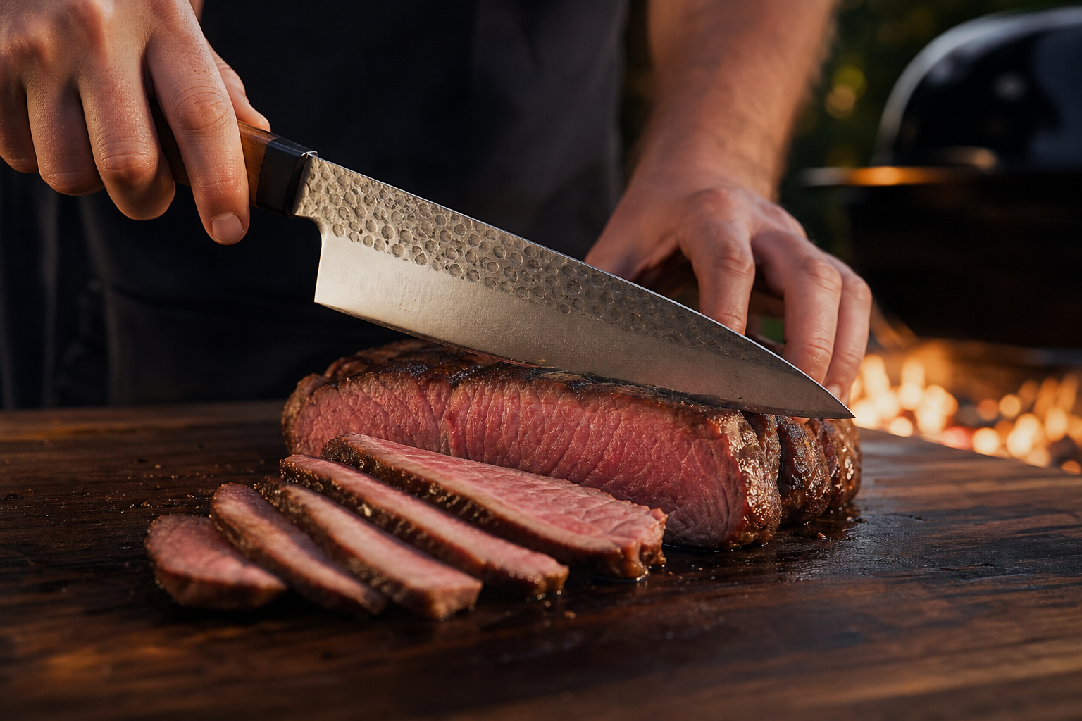 Gyuto knife making a clean slice through a rested steak on a wooden board