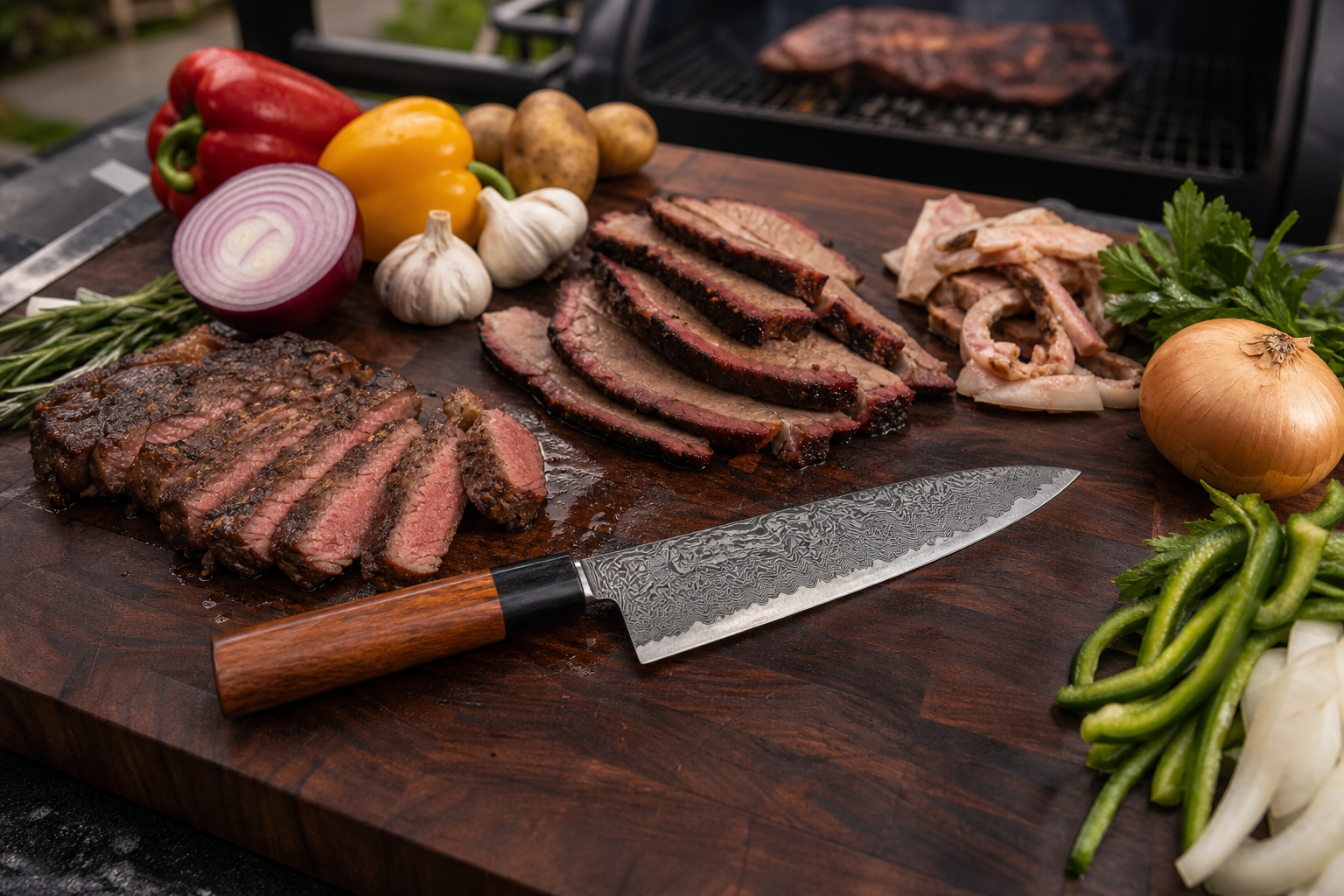 Gyuto knife with sliced steak, brisket, trimmed fat, and vegetables on a BBQ prep board