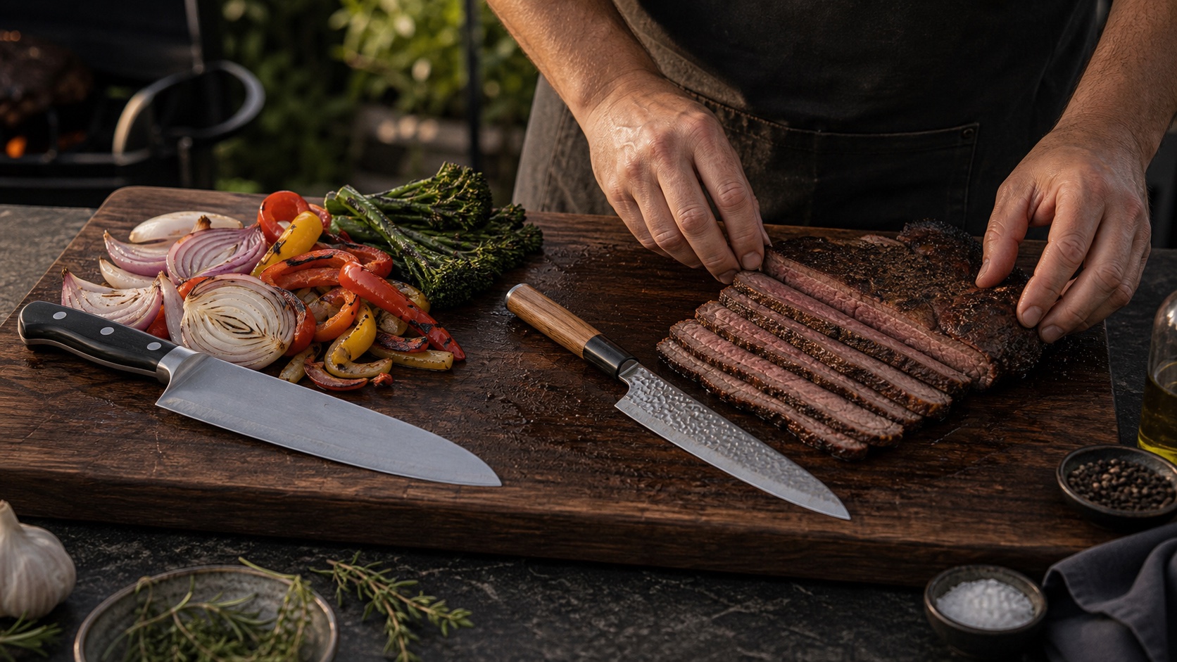 Western chef knife beside grilled vegetables and Japanese gyuto beside cleanly sliced beef on a BBQ prep board