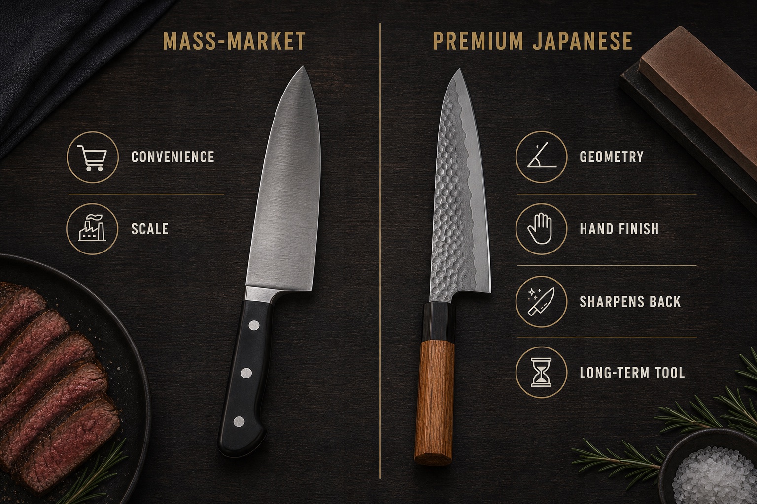 Comparison infographic of mass market chef knife and premium Japanese gyuto with concise feature labels