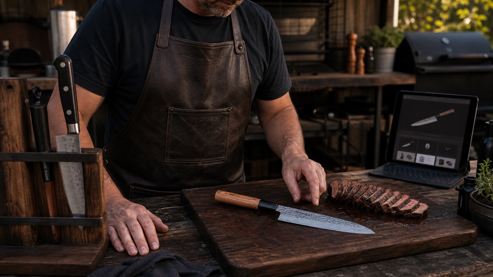 Serious BBQ hobbyist considering a Japanese gyuto beside a Western chef knife and sliced steak
