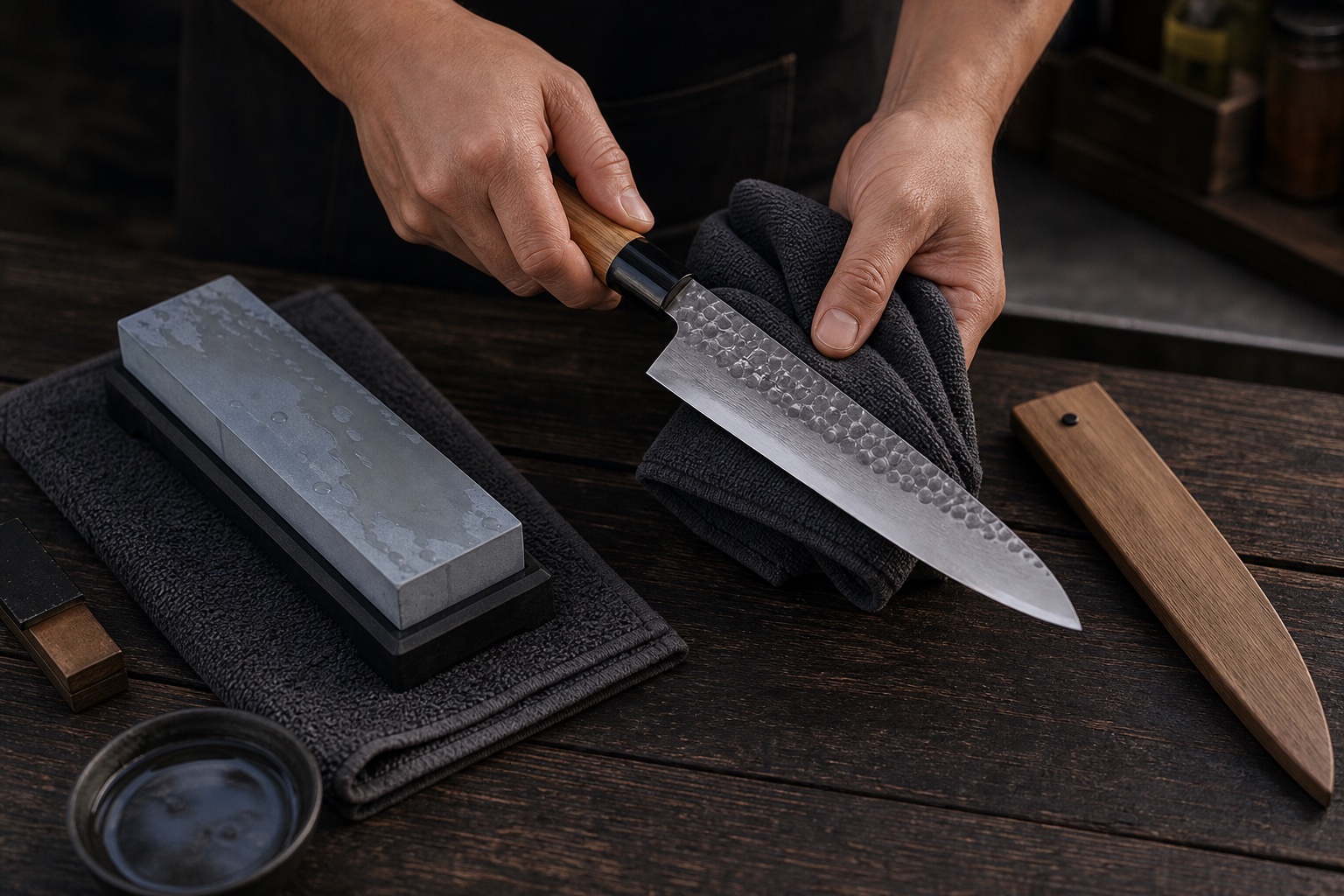 Hands drying a Japanese gyuto beside a whetstone towel and wooden storage sleeve