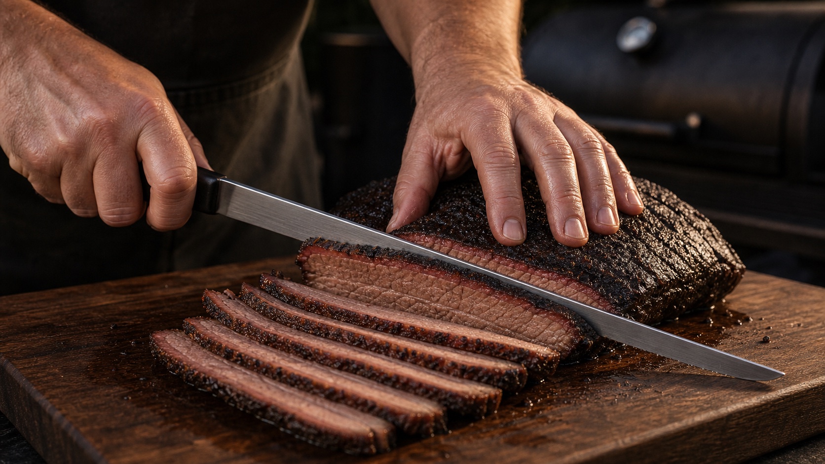 Long brisket slicing knife cutting clean slices across the grain of cooked brisket