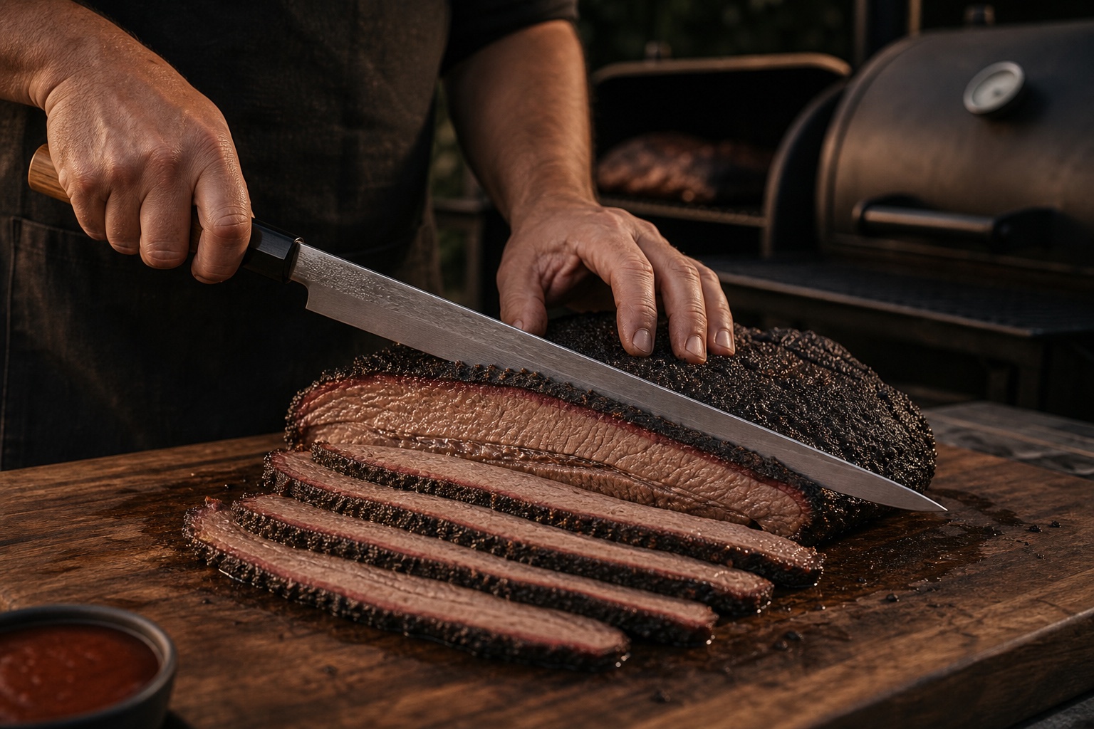 Long Japanese slicer cutting cooked brisket into clean slices beside a smoker