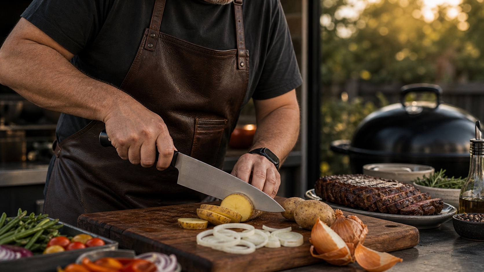 BBQ cook using a broad Western chef knife for potatoes and onions near a grill