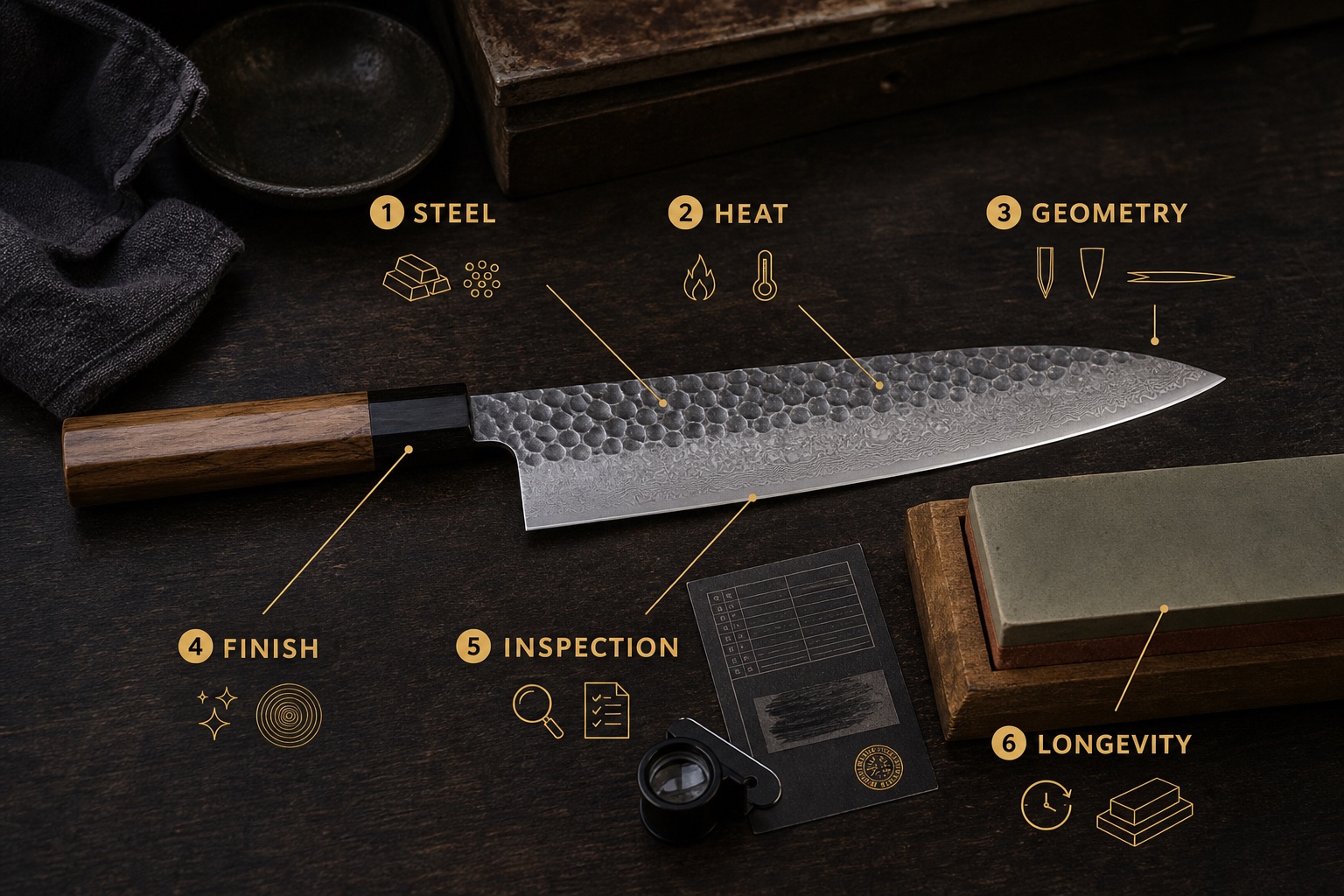 Photo infographic showing steel heat geometry finish inspection and longevity around a Japanese gyuto