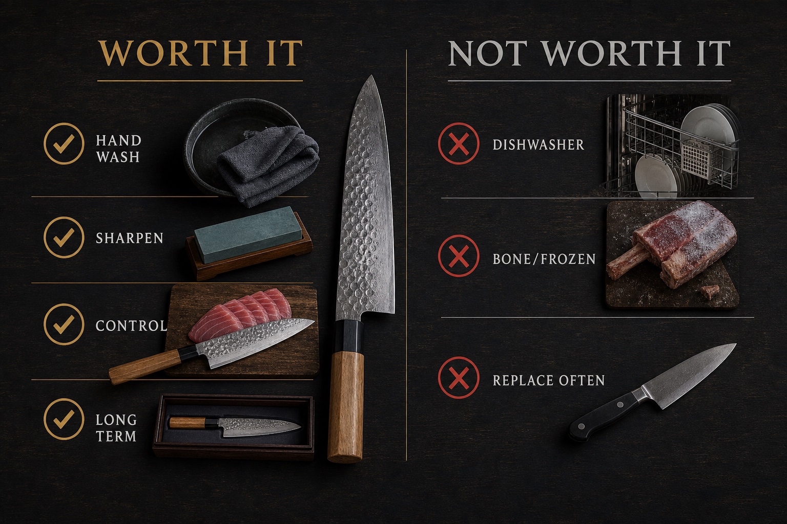 Photo infographic showing worth it and not worth it habits for owning a premium Japanese knife
